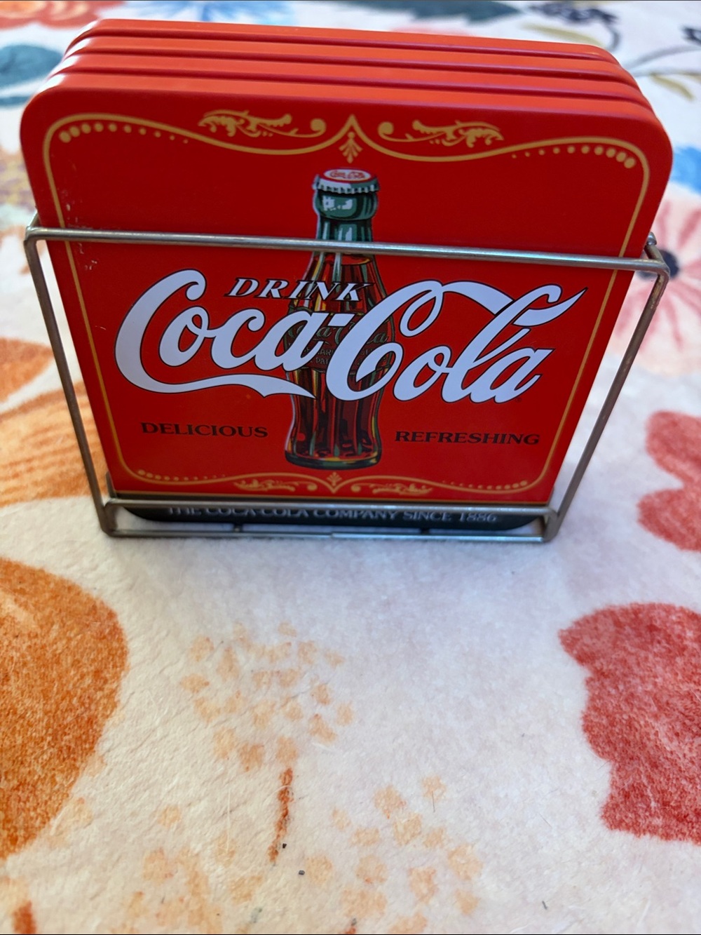 Coca-Cola Red and White Metal Coaster Set with Bottle Graphic